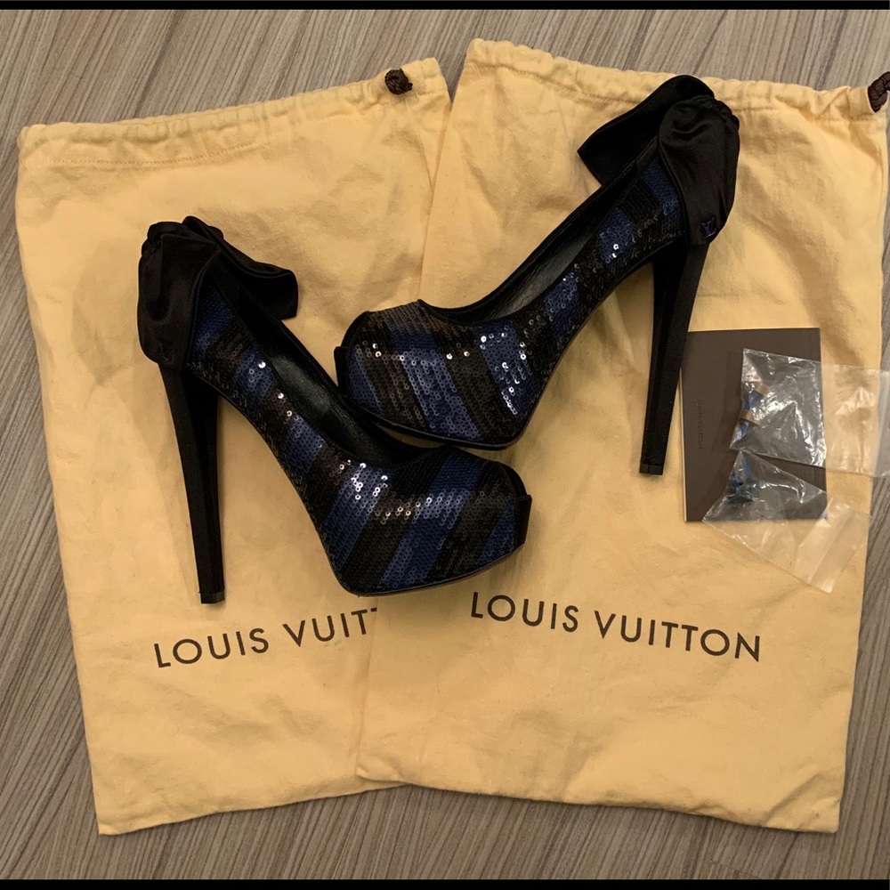 Louis Vuitton Black & Blue Sequin Peep Toe Pumps.